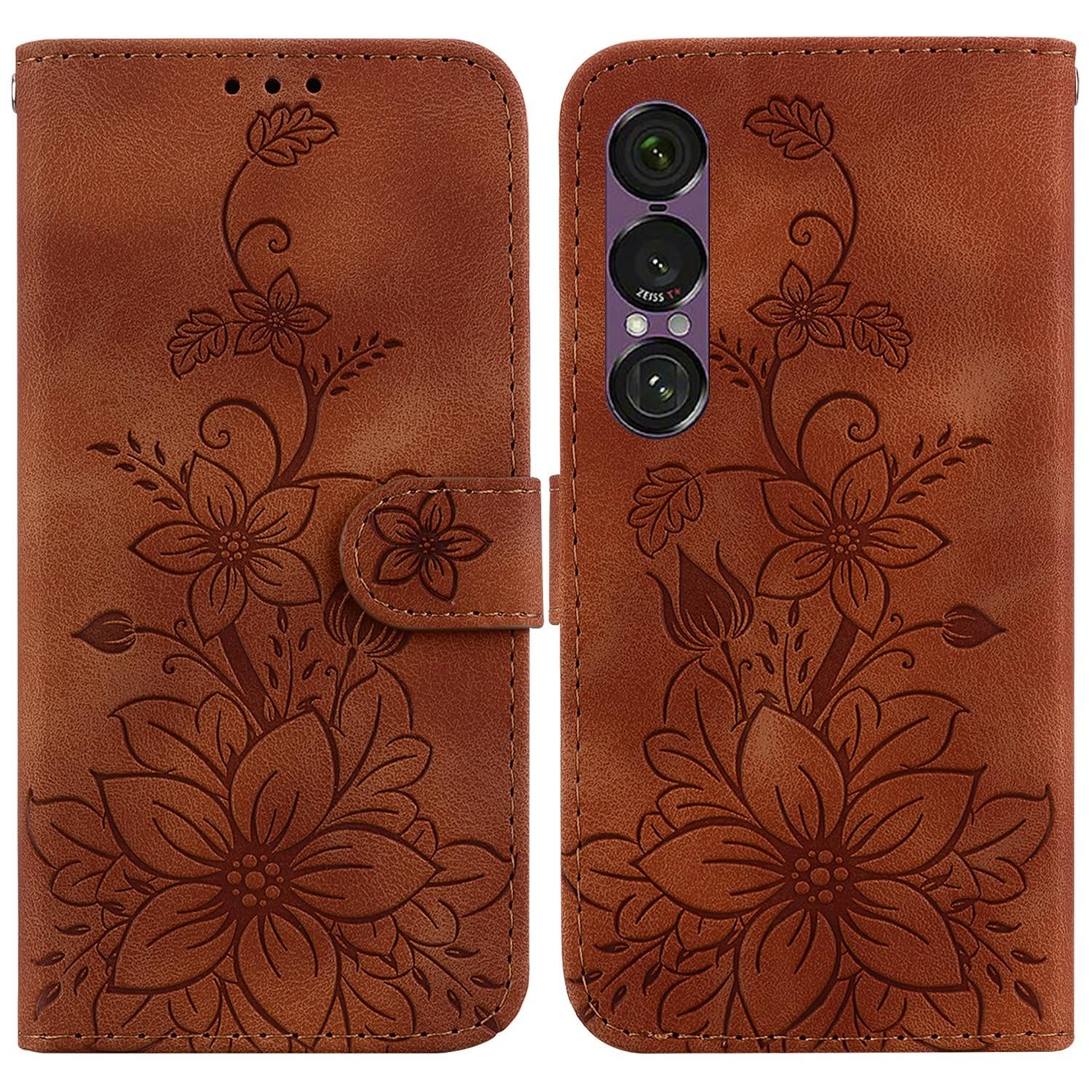 

For Sony Xperia 1 VII Stand Case Lily Flower Imprint Leather Phone Cover with Wrist Strap Brown