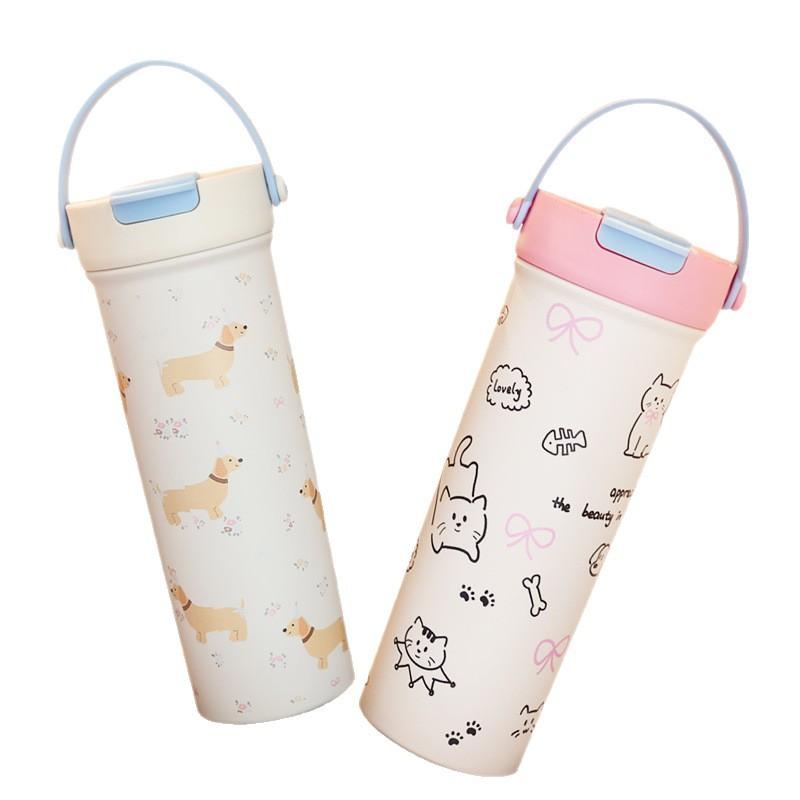 New Kitten High-value Portable Double-drink Coffee Cup Stainless Steel Thermos Cup Portable Tea Separation Straw Cup