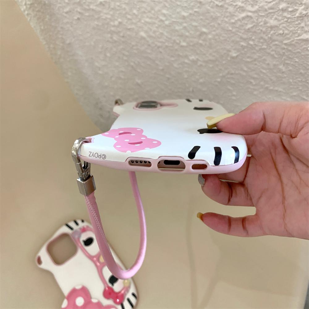 3D Hello Kitty Brille Niedliche Rosa Schleife Süße Handyhülle Für iPhone 16 15 14 13 12 11 Pro Max 16 PLUS Handschlaufe Kordel Rückseite