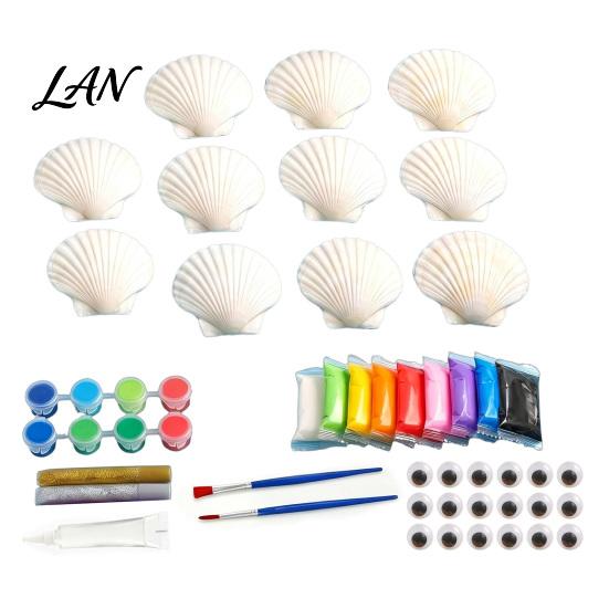 Handmade Shell Painting Kit 1/2 Sets DIY Craft Kit, with Natural Shells, Modeling Clay, Pigments, Seashell Glue, Eyes, Art Crafts Supplies Set