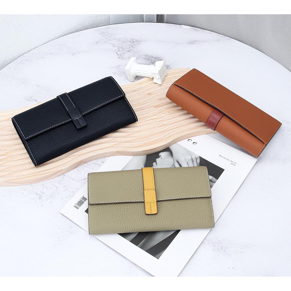 Women's Top Grain Cowhide Color Block Long Wallet - Large Capacity, Multifunctional Clutch & Phone Bag