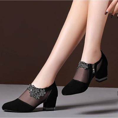 Women 2025 Summer Fashion Black Lace Rhinestone Sandals Flowers Low Heel Sandals Mesh Plus Size Sandalias Mujer Casual Shoes