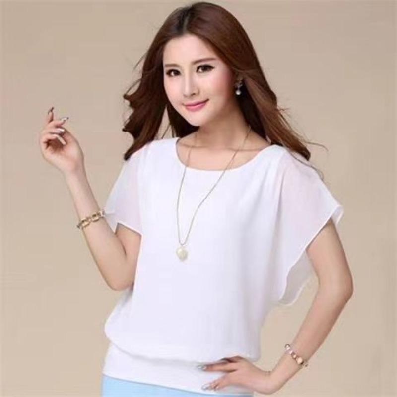 Women's Round Neck Gauze Loose Pullovers Casual Temperament Simplicity Solid Patchwork Short Sleeve T-Shirts