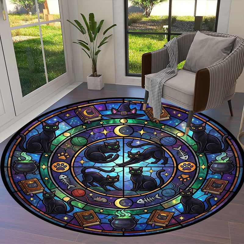 Stained Window Black Cat Round Area Rug,Carpet Rug for Living Room Bedroom Sofa Playroom Decor,Non-slip Floor Mat Q0043