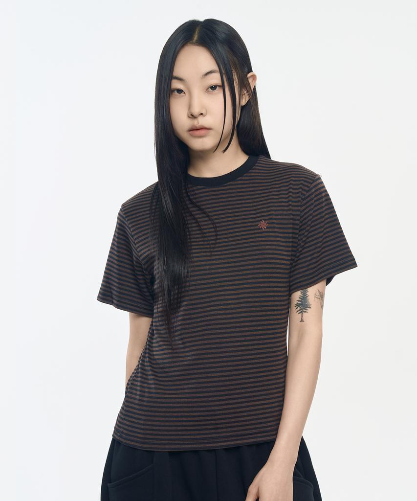 SLOW RECORD HOUSE Striped Short Sleeve T-Shirt_Brown