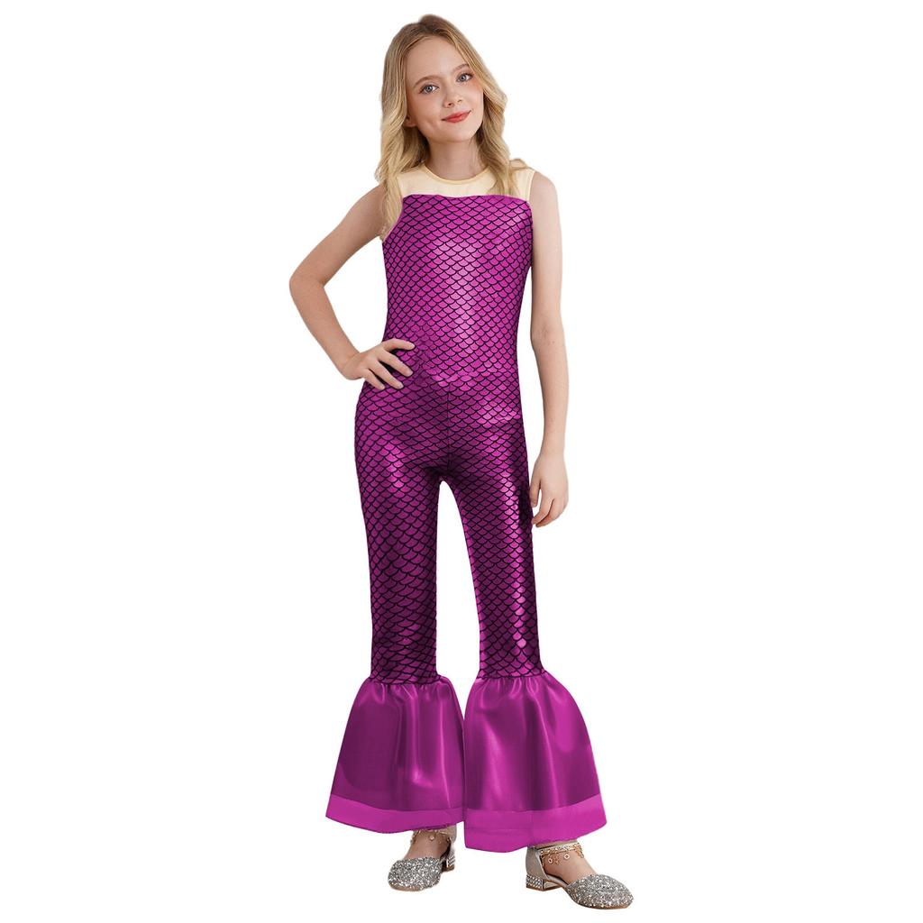 Kompletter Meerjungfrauen-Jumpsuit für Mädchen Halloween: Ärmelloses Einteiler-Kostüm mit funkelndem Schuppendesign für Bühne & Party