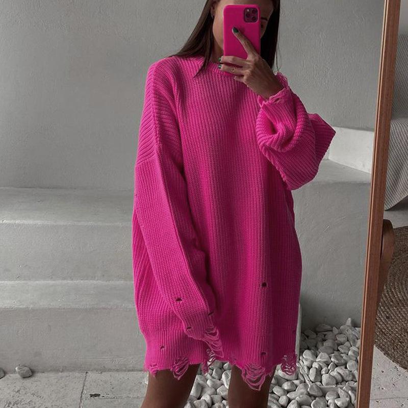 Women Loose Fit Solid Color Ripped Mid Length Sweater Autumn Winter