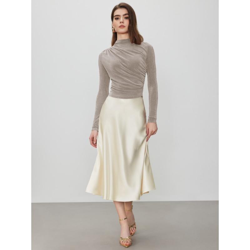 Autumn and Winter Slim Pullover Half High Neck Velvet Pleated Long Sleeve Top