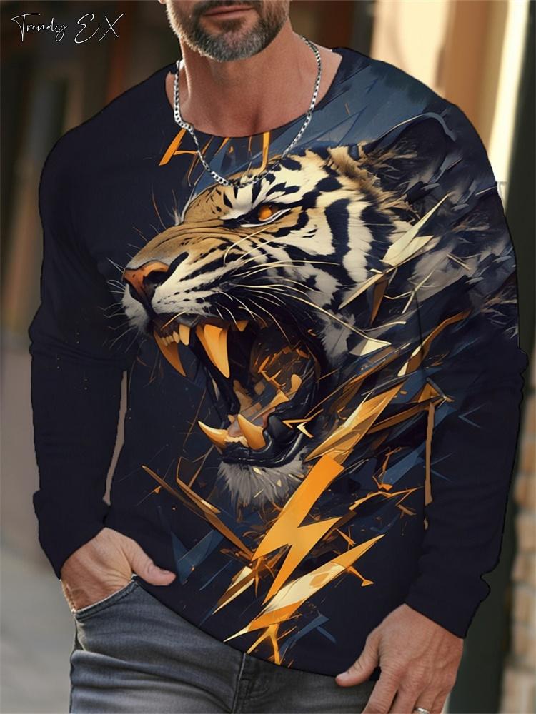 Hot selling 3D tiger print men's street trendy round neck long sleeved T-shirt