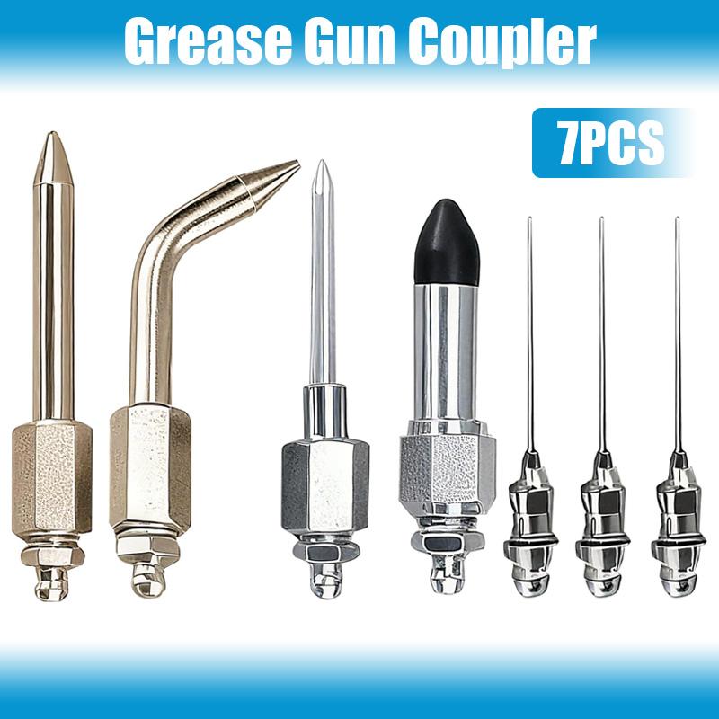 7PCS Grease Gun Coupler Kit with 3 Grease Nipples Needle Dispenser Rubber Tip Connector Nipple Straight Nozzle Coupler