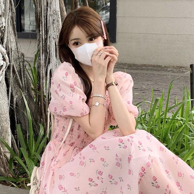 Women's French Floral Puff Sleeve Square Neck A-Line Midi Dress - Summer 2026
