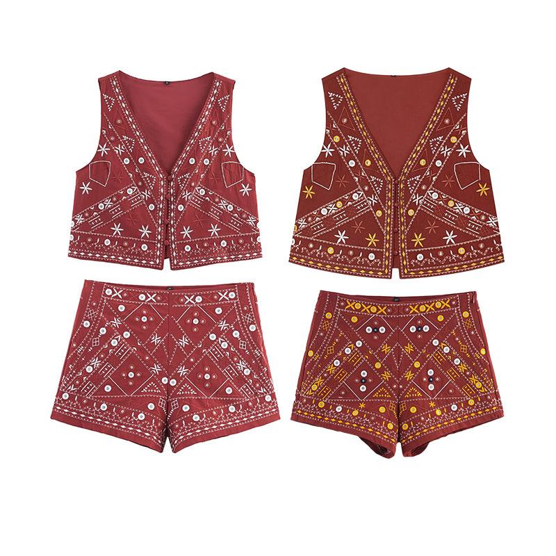 European and American style, wholesale women's clothing fashion versatile temperament decorative embroidered vest set 5770029