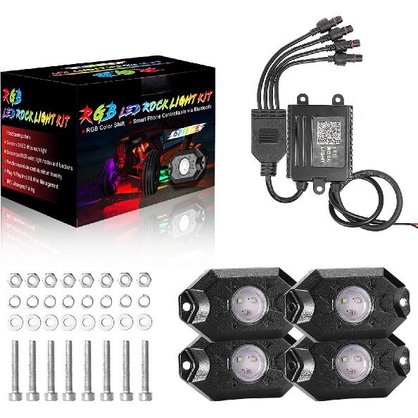 

YCHOW-TECH RGB LED Rock Lights, 4 Pods Underglow Multicolor Neon Light Pod Wireless Waterproof Wheel Well Lights with APP Control & Music Mode Rock Rgb Rock Light Extension