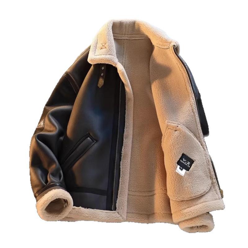Herren Retro Lammwolle Motorradjacke: Samtleder, Verdickt für Herbst/Winter