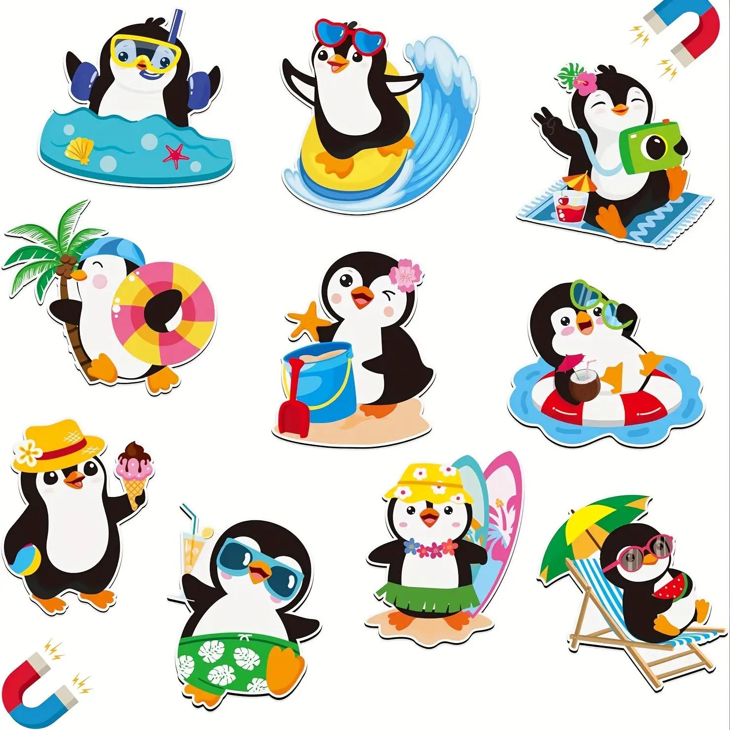

10pcs Cruise Door Magnets - Cute Penguin Designs with Beach & Pool Themes, Durable Rubber Magnetic Stickers for Fridge