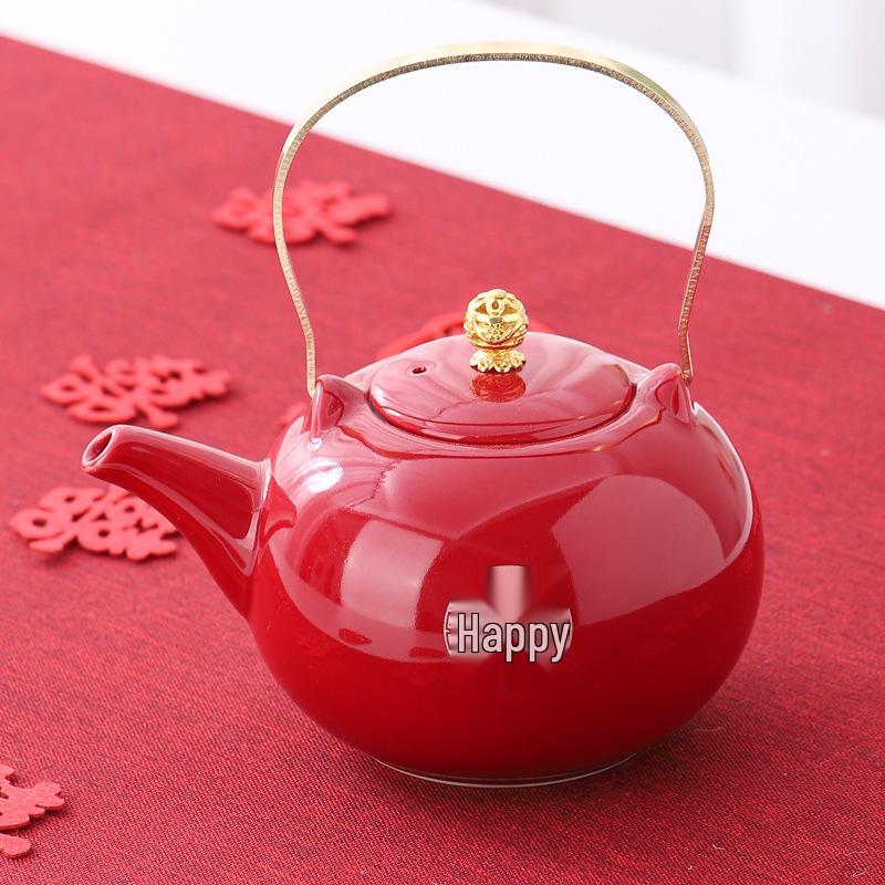 Red Ceramic Wedding Teapot & Water Cup Set - Festive Large-Handled Pot for Banquet and Dowry