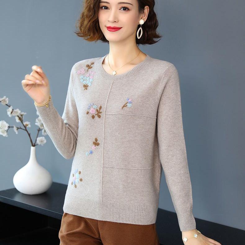 Women's Crewneck Plus Size Sweater Embroidered Loose Pullover Knitwear Stretch Knit Top Jumper Spring Autumn