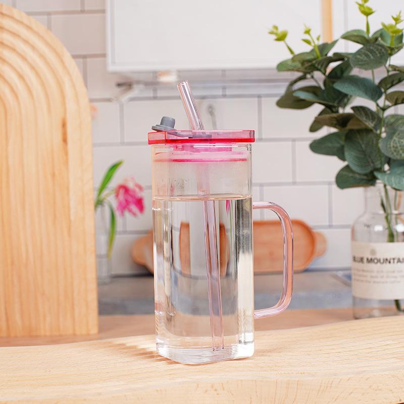 400ml Square Glass Mug With Lid and Straw Breakfast Milk Cup Microwave Safe Transparent Party Beer Coffee Mug Drinkware Glass