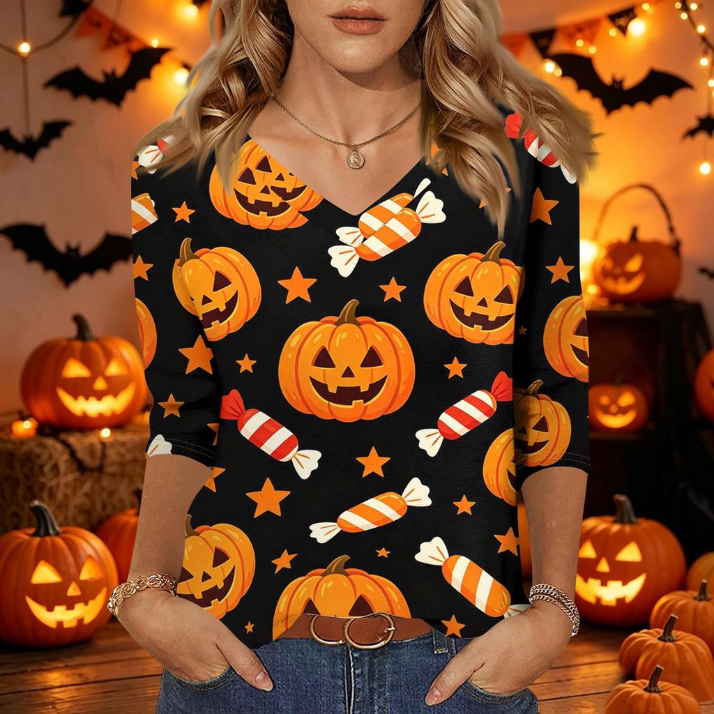 Women Casual Halloween Print V Neck Three Quarter Sleeve Top Lightweight Comfortable Fit Stylish Design for Daily Wear