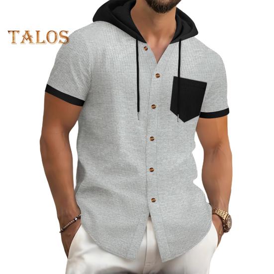 Men's Summer Hooded T-shirt Short Sleeved Button Down Tee with Chest Pocket Waffle Color Block Casual Hoodie T-shirt for Gym Street Wear