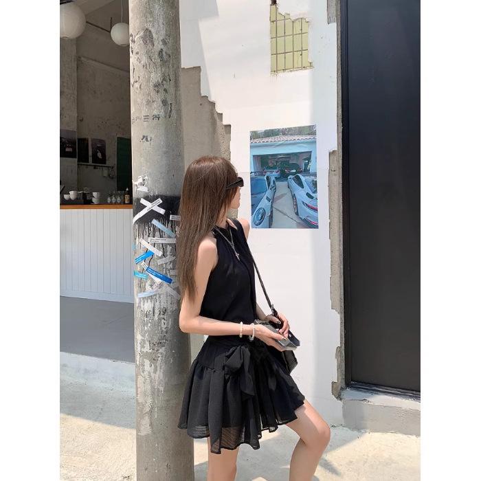 Women s French Halter Sleeveless Blue Dress - Summer Bow Tie Strap A-line Black Mini Skirt L