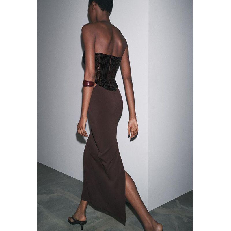 Summer New Arrival French Style off-Shoulder Open Design Sequin Stitching Tube Top Dress 5070029