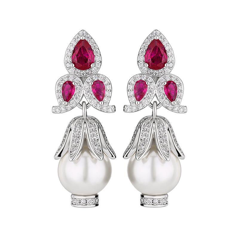 Earrings Pearl Jewelry Fashion Temperament Red Corundum High Sense Women'S Versatile Earrings