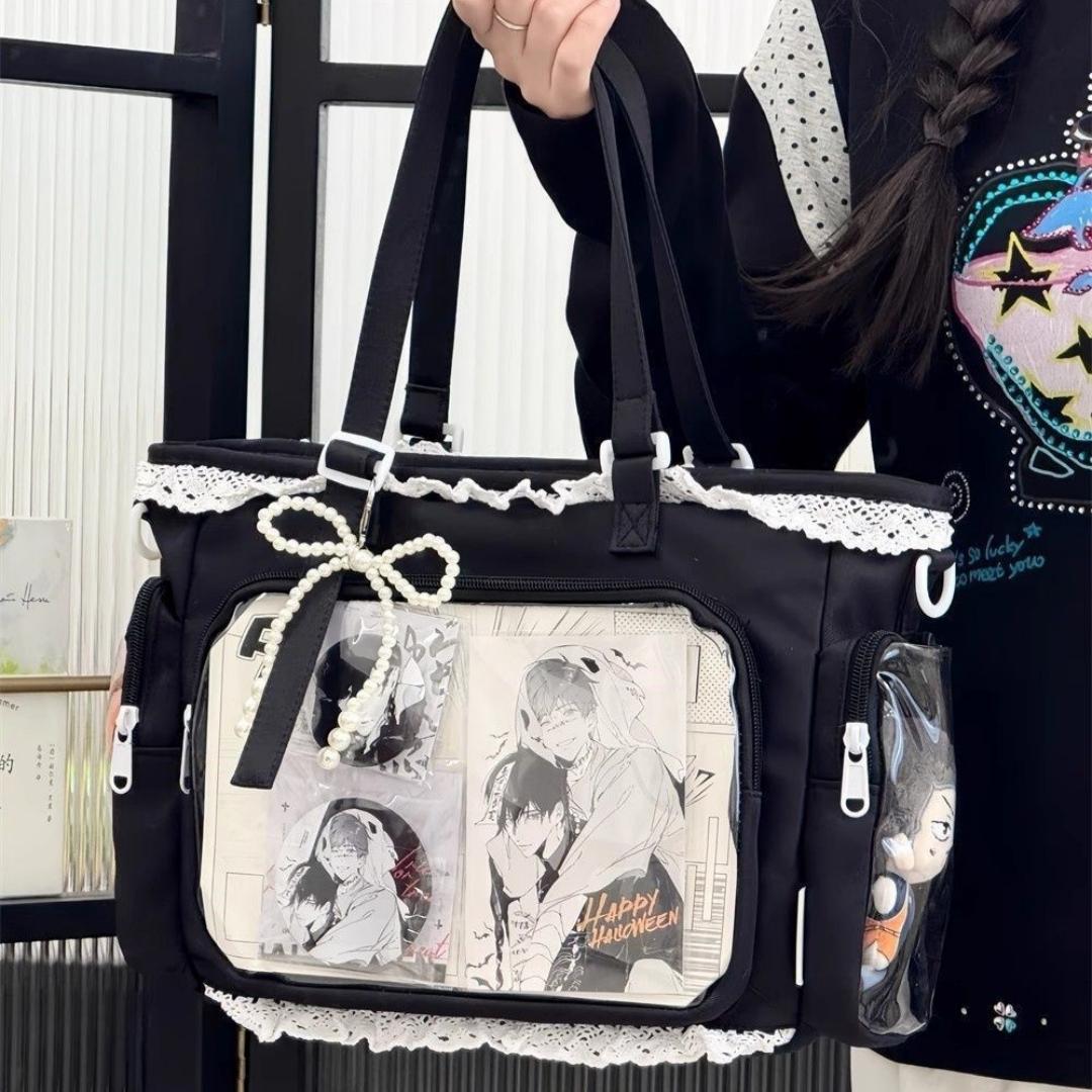 Kawaii Ita Tas Kant Lolita Tote Tas Transparant Raam Crossbody Schoudertas Japanse Stijl Diy Badge Display Handtas Voor Anime Fans zwart
