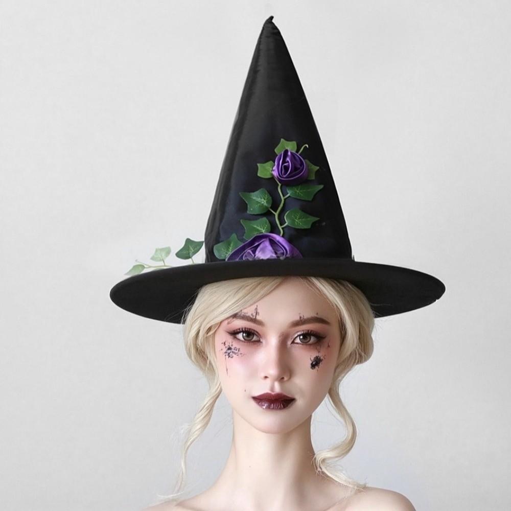 Rose Flower Wizard Cap Foldable Feather Halloween Cap Funny Halloween Witch Hat  Dress Up Headgear