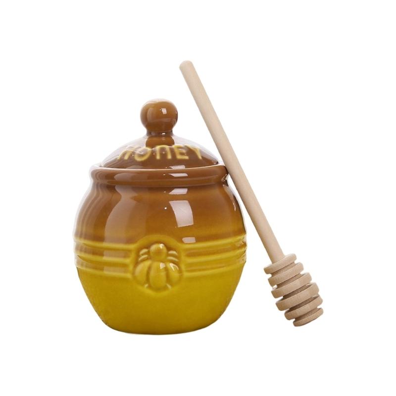Set Retro di Vasi per Miele con Bastoncino di Legno Contenitore Ceramico Artigianale e Mescolino in Legno per la Cucina di Casa