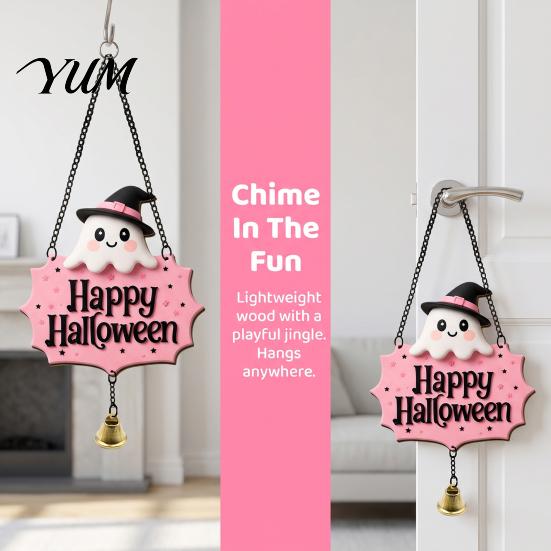 Festive Entrance Hanging Bell Halloween Cute Witch Hat Ghost Door Sign, Wooden Decoration, Decorative Skull Doorbell Pendants for Indoor Outdoor Home