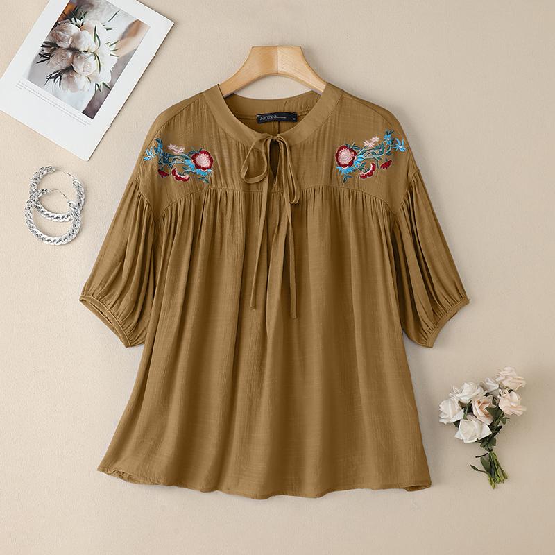 

ZANZEA Womens Summer Casual Floral Embroidery Loose Short Sleeve Blouse 4XL