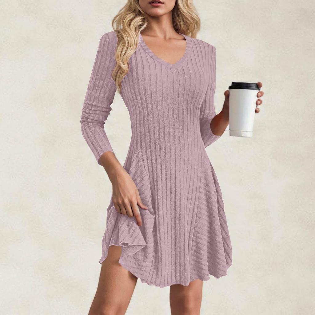 Women's Fashion Casual Solid Color V-neck Long-sleeve A-line Dress