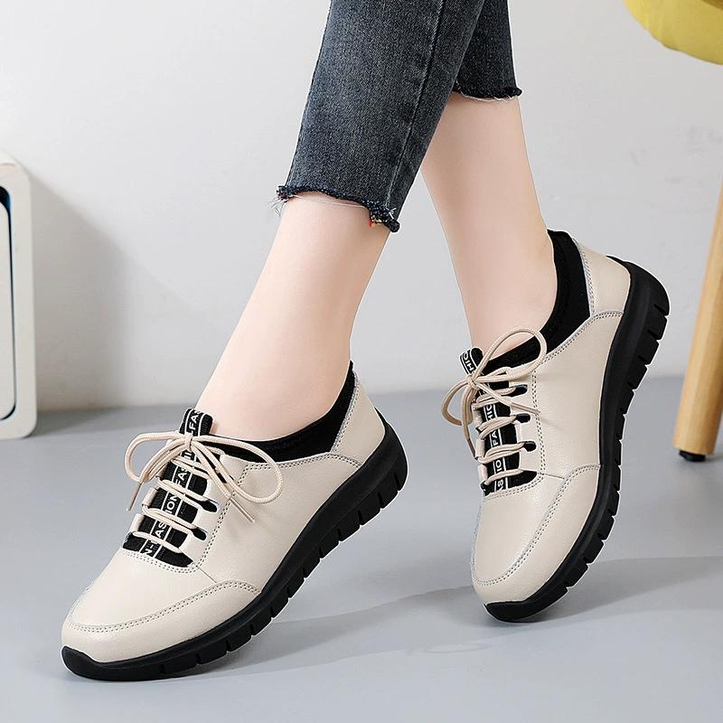 Spring and Autumn PU Leather Tendon Sole Shoes Women's Wear-Resistant Flat Casual Cowhide Middle-Aged and Elderly Mom Shoes