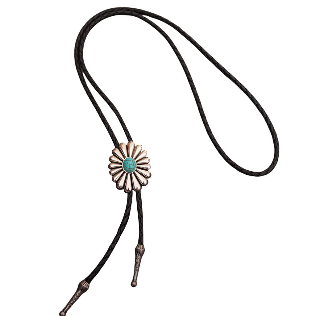 Braided Shoestring Bolo Tie with Large Flower Charm Cowboy Necktie Necklace Country Bolo Tie Cowboy