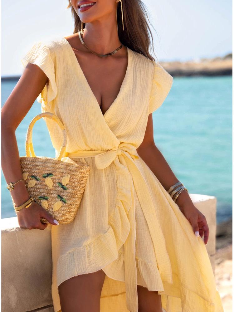 2026 Summer Asymmetrical V-Neck Beach Dress – Women's Vacation Style