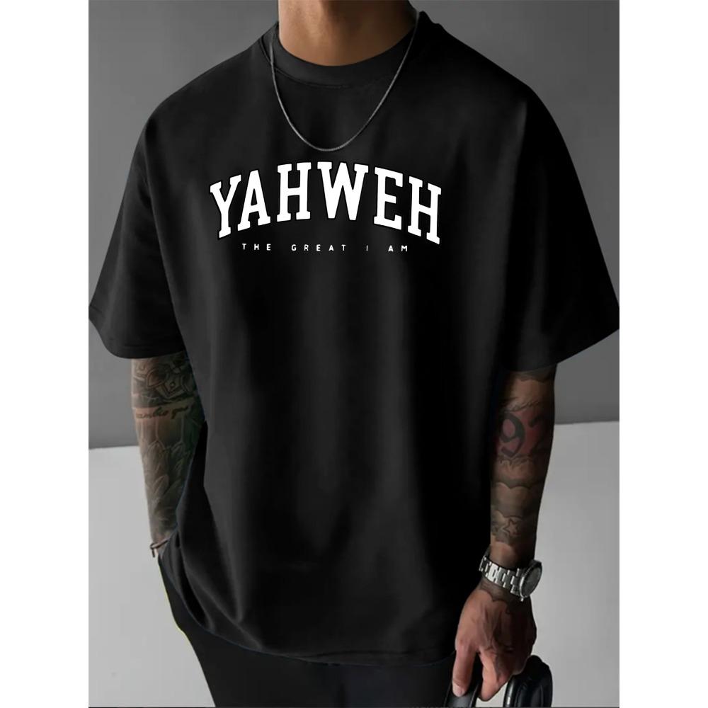 Men s summer 100% pure cotton YAHWEH Letter print fashionable casual sports loose round neck short sleeved T-shirt M