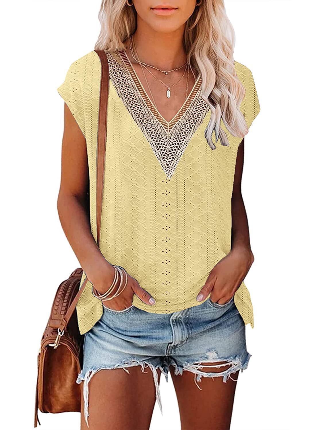 

Summer European & American Women s V-Neck Lace Patchwork T-shirt with Cutout Design Medium жовтий