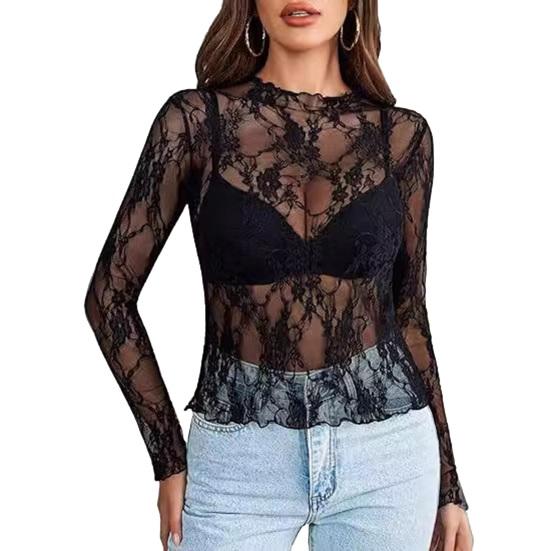 Women Tops Mock Collar Long Sleeve Slim Fit Blouses Sexy See-through Floral Embroidered Lace Mesh Shirt