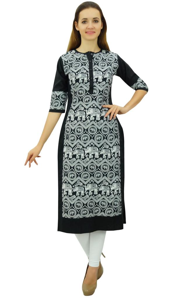 Phagun Women's Designer Straight Black Kurta 3 4 Sleeve Printed Casual