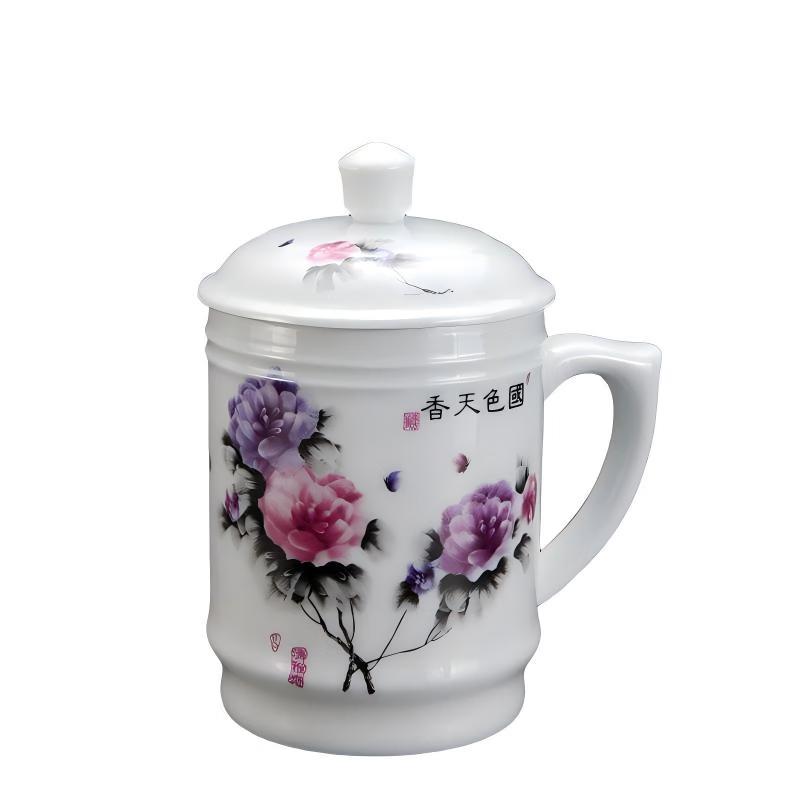 Shangqi Traditional Floral Ceramic Office Mug with Lid