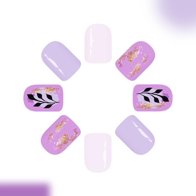 Glitterys Short False Nail 24Pcs Winter Collection Purple Gold Leaf Design Easy Application ABS Material Holiday Nail Art