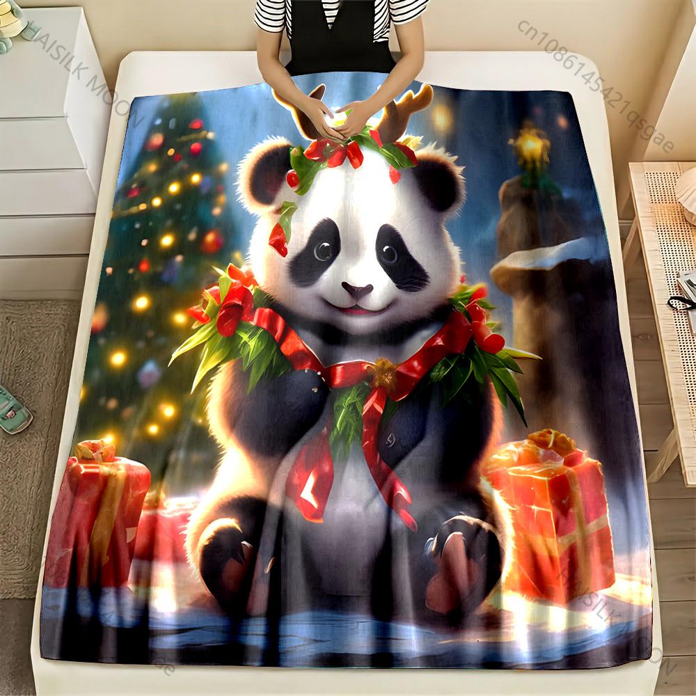 1PC Festive Panda with Christmas Decorations Pattern Blanket Flannel Material Soft Warm for All Seasons Home Outdoor Camping