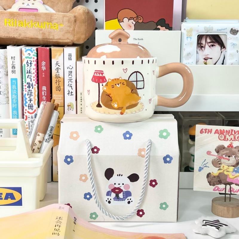 Cupa ceramică pisică drăguță de desene animate cu capac cuplu băiat și fată cană de birou cupă de băut cadou de ziua de naștere