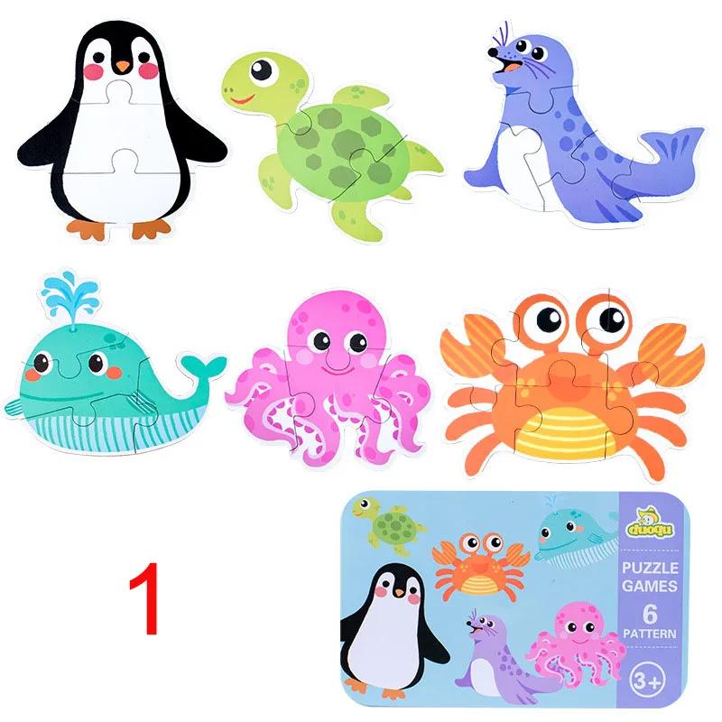 Kinderen Cartoon Dier Verkeer Dinosaurussen Matchende Paren Houten Puzzel Met IJzeren Doos Voor Kleuterschool Baby Educatief Speelgoed