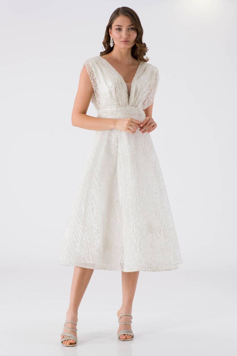 

Вечернее платье длины миди с открытой спиной Экрю LUPI