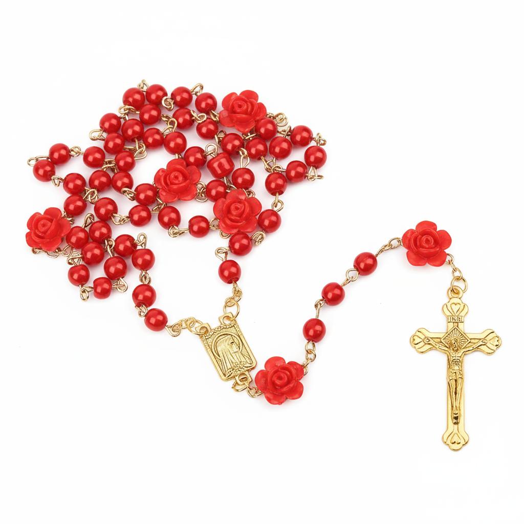 Religion Rosary Necklace For Women Crucifix Cross Pendant 6MM Long Glass Beads Rose Chain Choker Female Prayer Jewelry Gift
