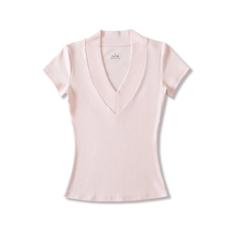Summer New Female American Spice Girl Solid Color Dark V-neck Short-sleeved T-shirt Design Sense Splicing Slim-fitting Waist Bottoming Shirt