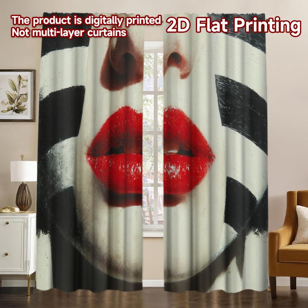 

2D Flat Printing 2pcs Bold Lips and Stripes Chic Window Curtain Versatile Fabric Curtains Decorations Perfect for Bedroom Living 100*130 Grommet Top 1pcs