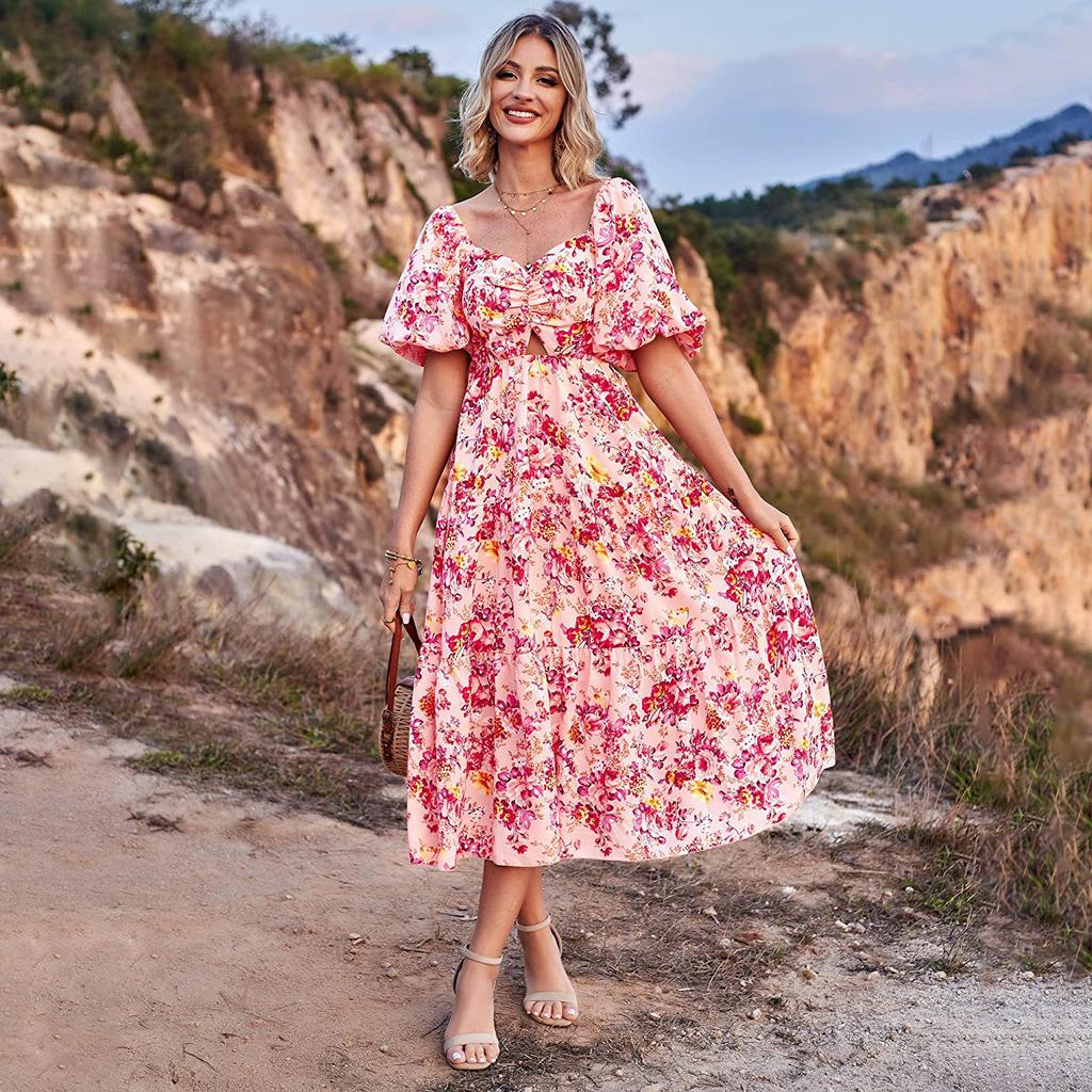 Women's Fashion Floral Square Collar High Waist Hollow Bubble Short-sleeved Back Pleated Printed Dress